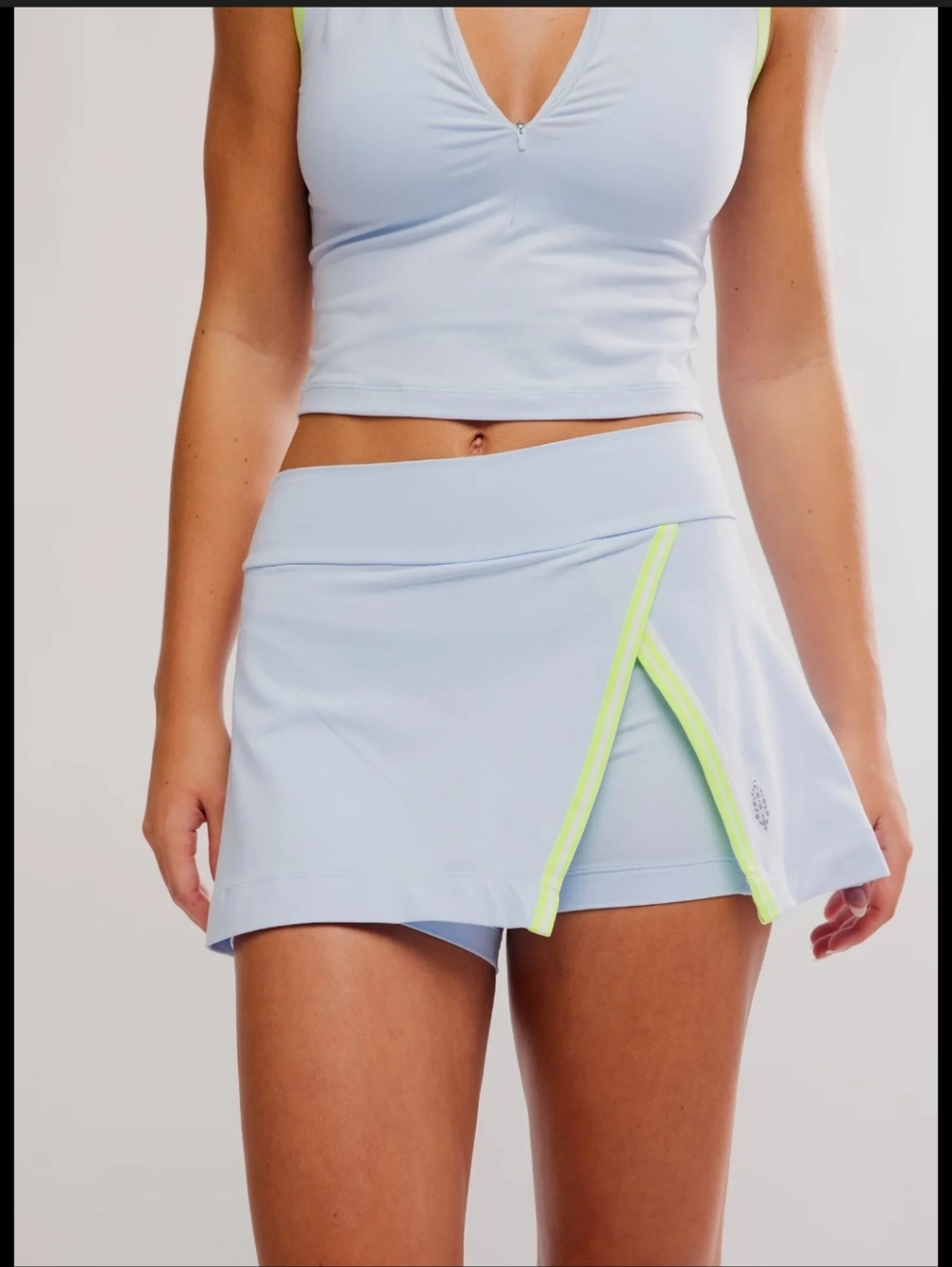 Free People  Movement Forehand Faux Wrap Skort Light Blue/Neon Yellow Trim NEW